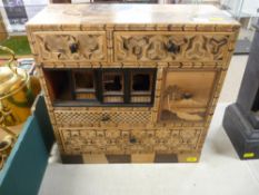 Good Oriental marquetry table cabinet (some fading and damage)