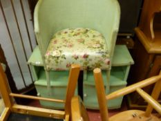 Pair of green coloured loom bedside cabinets and a similar tub chair