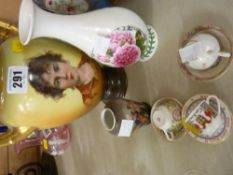 Bavarian pottery twin handled vase and one other, three miniature cabinet cups and saucers etc