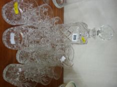 Square glass decanter and stopper, quantity of drinking glassware with near matching pattern and a