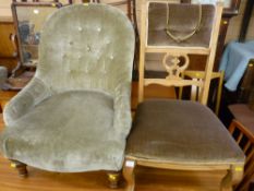 Edwardian salon chair with upholstered back and seat and a button back upholstered vintage bedroom