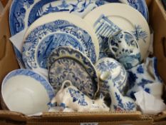 Pair of Willow pattern meat plates and other blue and white decorative plates and ornamental ware