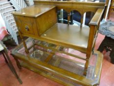 Telephone seat and glass topped two tier Long John coffee table with cane bottom shelf
