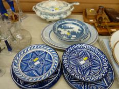 Victorian lidded tureen with ladle and a selection of blue and white pottery plates