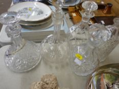 Ship's decanter and stopper with 'Vermouth' label, along with four other various decanters with