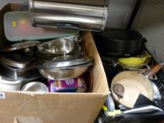 Large parcel in crates and boxes of kitchen metalware and similar items