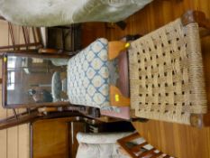 Victorian mahogany toilet mirror, string topped footstool and two embroidered top footstools