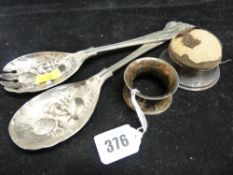 Silver thimble holder with pincushion top, napkin ring and two EP berry spoons