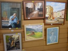 V LAMB five oils on board - various studies along with a framed print of a young girl