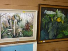 V LAMB two framed oils on board - greenhouse covered plant display and a still life study of