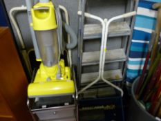Parcel of garage and household items including ladders, seeders, shelves, upright vacuum cleaner etc