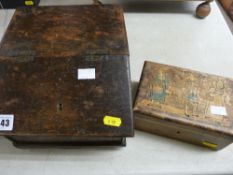 Vintage oak slope fronted box and a Dutch style pokerwork decorated box
