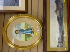 Two vintage prints - riverside scene with cattle, boats and figures etc and the other of a young boy