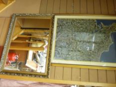 Framed satellite view of Llandudno and surrounding area, a modern gilt framed wall mirror and two
