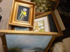 Box of assorted paintings and prints etc
