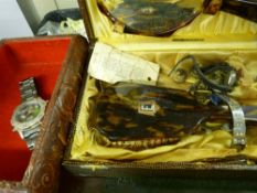 Cased hand brush and mirror set in faux tortoiseshell, three lady's and gent's wristwatches etc