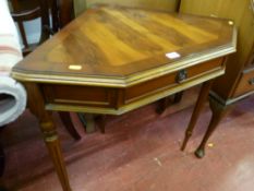 Yew wood corner hall table with single drawer