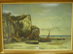 Large print - coastal scene with beached boats