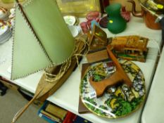 Two vintage music boxes, a boat shaped table lamp etc