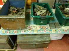 Large quantity of vintage clock parts and associated items along with two vintage tin travel trunks
