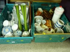 Two crates of mixed glass and crockery including Wedgwood Jasperware and cottage ware items etc