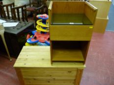 Modern pine blanket box, small teak side cabinet and an upholstered box pouffe