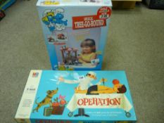 Boxed Smurfs musical 'Tree-go-Round' and an MB Games boxed 'Operation'