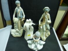 Three Lladro style porcelain figurines and a figure of a stylized couple titled 'Circle of Love, A