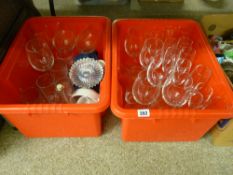 Two crates of drinking glassware etc