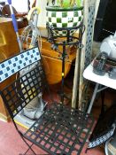 Wrought iron planter stand with planter and contents, vintage style garden bench requiring re-
