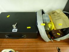 Modern strong box with keys and a small bag of hand tools etc