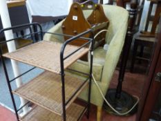 Lloyd loom style armchair, oak standard lamp and shade, reproduction magazine stand and a three tier