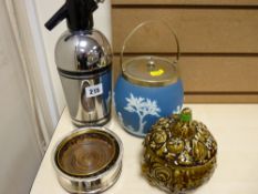 Wedgwood blue Jasperware biscuit barrel, a Sylvac chutney bowl and cover, two wine coasters and a