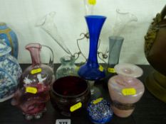 EP three flute epergne and a selection of cranberry and other colourful glassware