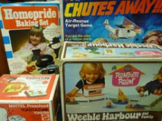 Four boxed games - 'Chutes Away' by Marx Toys, 'Romper Room' by Airfix, 'Homepride Baking Set' and a