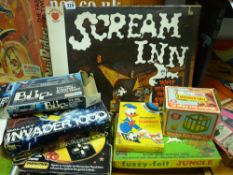 Boxed game by Denys Fisher - 'Scream Inn' and a parcel of 'Fuzzy Felt', 'Galaxy Invader' and Palitoy