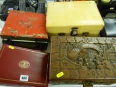 Carved Oriental jewellery box, a vintage vanity case and two further boxes