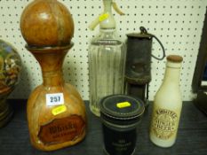 Old miner's lamp, soda syphon, Italian leather whisky decanter etc