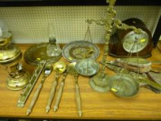 Parcel of mixed brassware including electrified oil lamp, scales, mantel clock etc