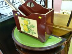 Vintage magazine rack, half moon hall table, quantity of walking sticks and a single ebonized side