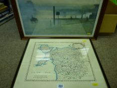 Framed print - map of North Wales after MORDEN and a framed print - quayside figures etc