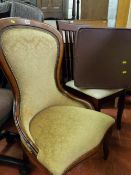 Reproduction mahogany balloon back upholstered chair, a leather effect pouffe and a single