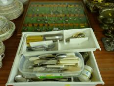 Cased quantity of collector's teaspoons and three plastic trays of EP and other cutlery
