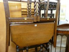 Oak barley twist gate leg table with piecrust edge and a pair of highbacked chairs with barley twist