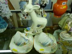 Two Shelley bone china cottage decorated cups and saucers and a Midwinter 'Larry the Lamb' figurine
