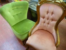 Button backed upholstered antique style salon chair and one other