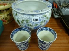 Oriental pottery fish bowl and two Burleighware blue and white decorated beakers