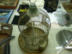 Vintage metal dome topped bird cage and base