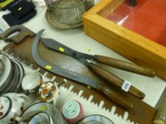 Vintage draw saw, a sickle and a pair of garden shears