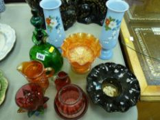 Parcel of carnival and cranberry glassware, a green decanter (damaged) and a pair of milk glass